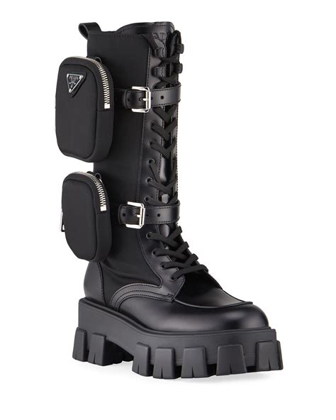 prada women's leather zip-pocket tall combat boots|Prada Livermore.